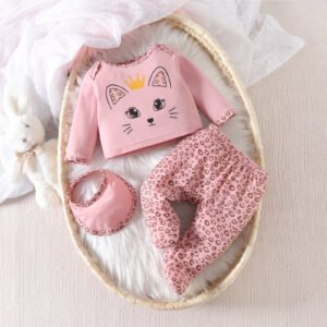 New Baby Pink Crawling Suit Set for Girls, featuring a long-sleeved top with a cute cat expression and leopard-print footed pants.
