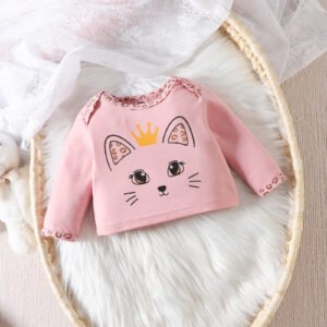 New Baby Pink Crawling Suit Set for Girls, featuring a long-sleeved top with a cute cat expression and leopard-print footed pants. - Image 4