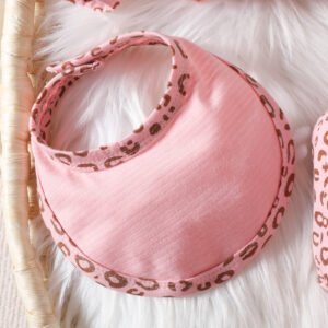 New Baby Pink Crawling Suit Set for Girls, featuring a long-sleeved top with a cute cat expression and leopard-print footed pants. - Image 7