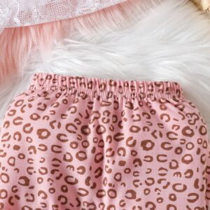 New Baby Pink Crawling Suit Set for Girls, featuring a long-sleeved top with a cute cat expression and leopard-print footed pants. - Image 10