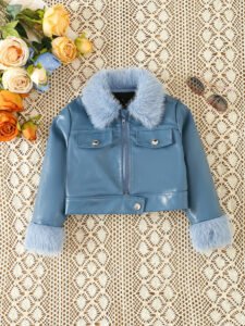 New girls' of fashionable flipped neck mouth fur short fashion and versatile jacket for small and medium-sized children