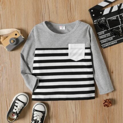 Toddler Boy Stripe Splice Chest Pocket Decor Long-sleeve Tee