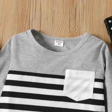 Toddler Boy Stripe Splice Chest Pocket Decor Long-sleeve Tee - Image 4