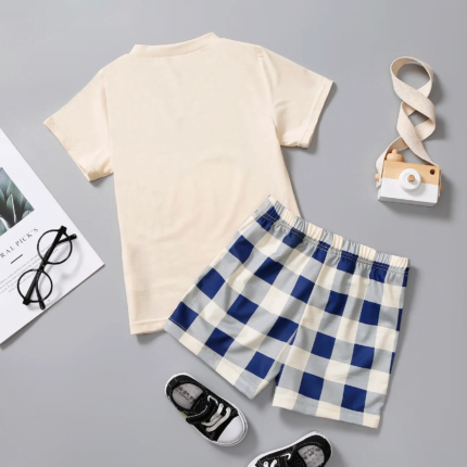 2pcs Toddler Boy Playfyl Lion Letter Print Tee and Plaid Shorts Set - Image 2