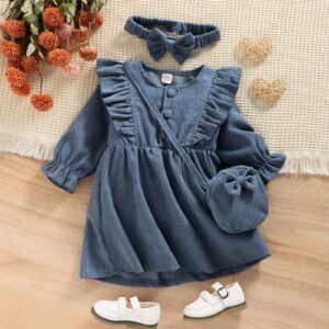 Trade Children's Clothing Version Girls Small and Medium-sized Children Corduroy Retro Denim Blue Long Sleeve Children's Dress with Backpack