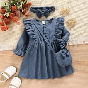 Trade Children's Clothing Version Girls Small and Medium-sized Children Corduroy Retro Denim Blue Long Sleeve Children's Dress with Backpack - Image 2