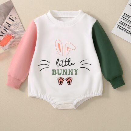 Cross-border infant girl resurrection rabbit print pink green color-blocked long-sleeved triangle ha