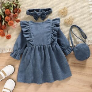 Trade Children's Clothing Version Girls Small and Medium-sized Children Corduroy Retro Denim Blue Long Sleeve Children's Dress with Backpack - Image 3