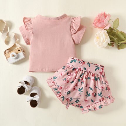 Children's summer cotton kids t-shirt two-piece set girls short sleeve top baby print shorts set - Image 3
