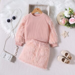 Children's clothing  style plush long-sleeved round neck pullover top with plush short skirt two-piece set for small and medium-sized children