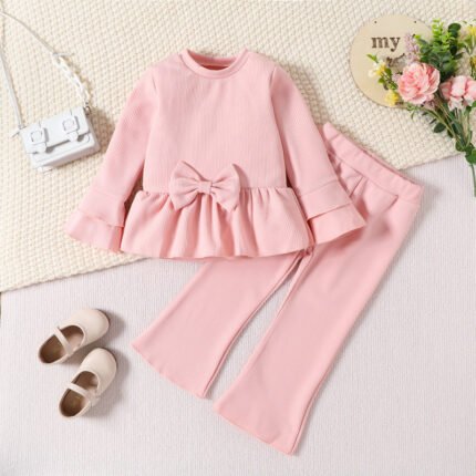 New Kids Set Girls Cotton Foreign Baby Solid Color Bow Long Sleeved Long Pants Two Piece Set - Image 2