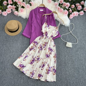 Gentle wind skirt two-piece set new temperament commuter blazer floral slip dress - Image 2