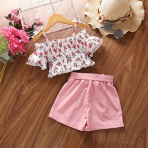 Girls' Suit Summer New Printed Suspenders Short Sleeve Top Shorts Two-Piece Children's Wear - Image 2