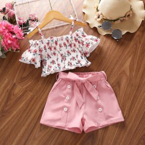Girls' Suit Summer New Printed Suspenders Short Sleeve Top Shorts Two-Piece Children's Wear
