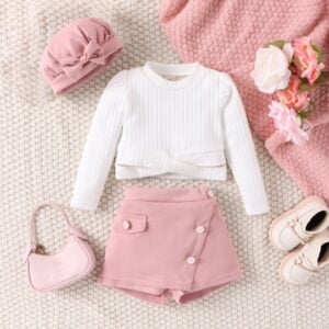 Children's clothing version of winter small fragrance style knitting cross design long sleeves tweed short skirt hat tide fan girl suit