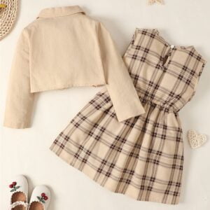 Girls' Spring and Autumn New Version Hit Solid Color Long-Sleeved Top + Two Plaid Printed Dresses - Image 4