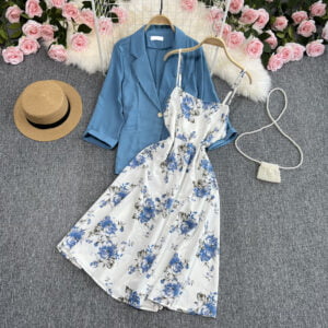 Gentle wind skirt two-piece set new temperament commuter blazer floral slip dress