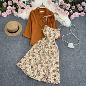 Gentle wind skirt two-piece set new temperament commuter blazer floral slip dress - Image 5