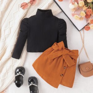 Children's clothing fashion girls autumn and winter suits, solid color long-sleeved tops + corduroy skirts with belts