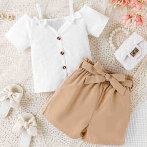Children's clothes  girls spring and summer suspenders, cute bows, V-neck short-sleeved shorts, two-piece children's suit