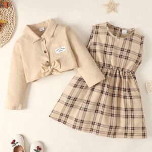 Girls' Spring and Autumn New Version Hit Solid Color Long-Sleeved Top + Two Plaid Printed Dresses