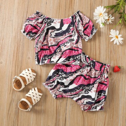 0-4 years old girls new suit foreign style children's short sleeve shorts printed two-piece set of baby girls children's clothes - Image 3
