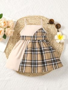 New Summer Girls Sweet Color-Blocked Plaid Strap Bow Dress - Image 2