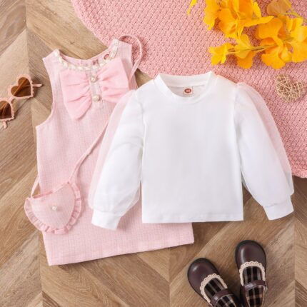 children's clothes, small fragrance, mesh, puff sleeves, base shirt, tweed, lace, vest skirt, shoulder bag, girls' suit - Image 3
