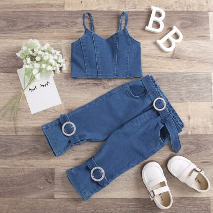 Cross-border Infant Girls Sling Activity Buckle + Trousers Washed Denim Two-piece Set