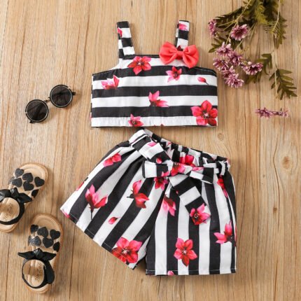 Foreign trade summer girls set baby foreign style children's tide print suspenders striped wide-leg shorts two-piece set