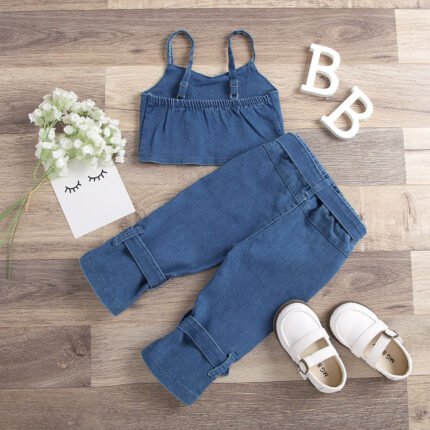 Cross-border Infant Girls Sling Activity Buckle + Trousers Washed Denim Two-piece Set - Image 2