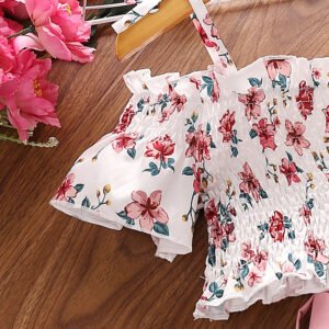 Girls' Suit Summer New Printed Suspenders Short Sleeve Top Shorts Two-Piece Children's Wear - Image 3
