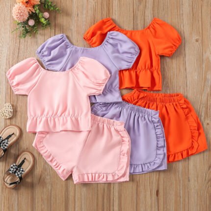 New Girls Suit Summer Fashion Baby Girl Comfortable Foreign Bubble Sleeve Cute Shorts Two-Piece Set