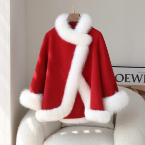 New Lady Cloak Fox Fur Coat: Women's Tweed Cashmere Coat Mid-length Young