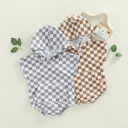 Foreign trade infant clothing baby jumpsuits, summer short-sleeved checkerboard hooded clothes, baby bags