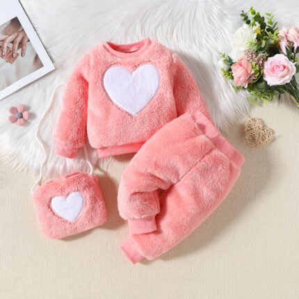 Children's clothing new baby girl two-piece love sweatshirt plush trousers set girls' clothing - Image 3