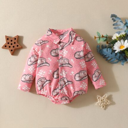 New 0-1 year old baby cartoon print long-sleeved jumpsuit, baby triangle crawling clothes style - Image 2