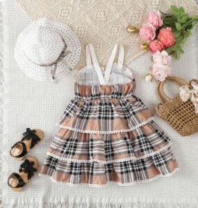 New Girls Summer Fashion Style Small Plaid Cake Skirt Children's Fashionable Side Vest Suspenders with Hats - Image 2