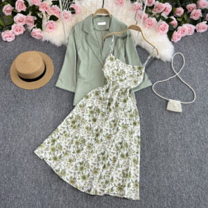 Gentle wind skirt two-piece set new temperament commuter blazer floral slip dress - Image 3