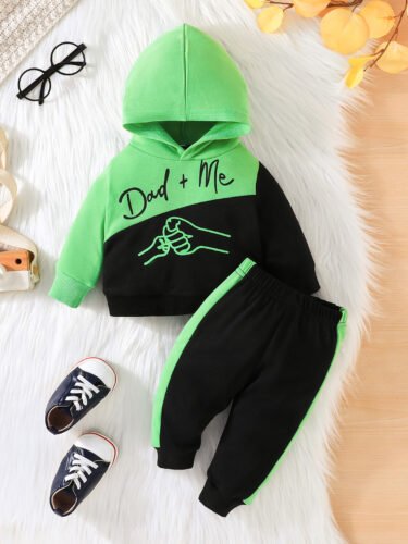 New Boys, Babies and Children's Cartoon Letter Print, Two-Tone Patchwork Hooded Sweatshirt, Pullover, Long Pants, Two Piece Set - Image 3