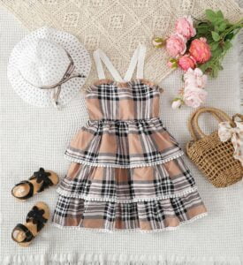 New Girls Summer Fashion Style Small Plaid Cake Skirt Children's Fashionable Side Vest Suspenders with Hats