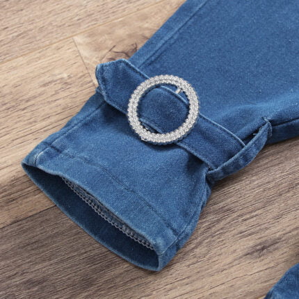 Cross-border Infant Girls Sling Activity Buckle + Trousers Washed Denim Two-piece Set - Image 3