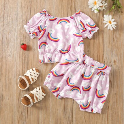 0-4 years old girls new suit foreign style children's short sleeve shorts printed two-piece set of baby girls children's clothes - Image 2