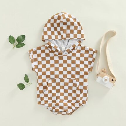 Foreign trade infant clothing baby jumpsuits, summer short-sleeved checkerboard hooded clothes, baby bags - Image 2