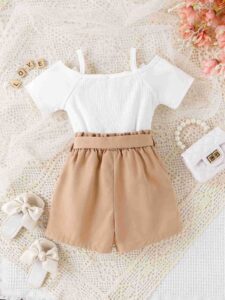 Children's clothes  girls spring and summer suspenders, cute bows, V-neck short-sleeved shorts, two-piece children's suit - Image 3