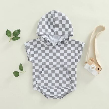 Foreign trade infant clothing baby jumpsuits, summer short-sleeved checkerboard hooded clothes, baby bags - Image 3