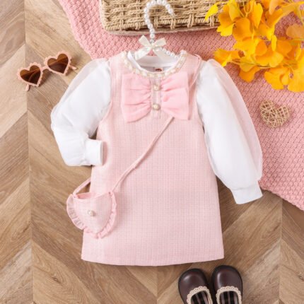 children's clothes, small fragrance, mesh, puff sleeves, base shirt, tweed, lace, vest skirt, shoulder bag, girls' suit