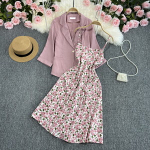 Gentle wind skirt two-piece set new temperament commuter blazer floral slip dress - Image 4