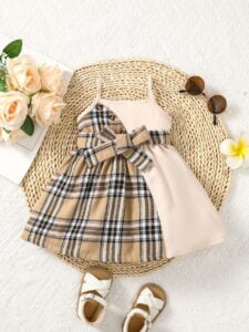 New Summer Girls Sweet Color-Blocked Plaid Strap Bow Dress