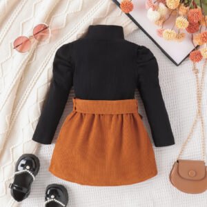Children's clothing fashion girls autumn and winter suits, solid color long-sleeved tops + corduroy skirts with belts - Image 2